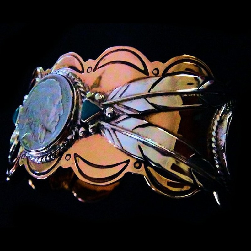 BRACELET BISON ET GUERRIER INDIEN CUIVRE ET ARGENT