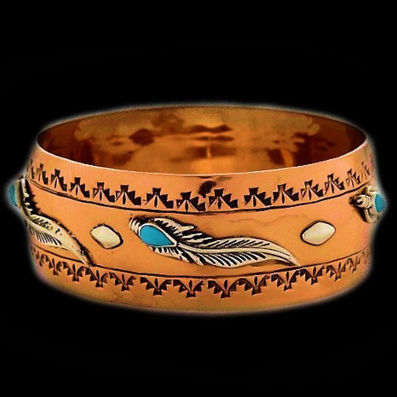 BRACELET NAVAJO CUIVRE PLUME ET TURQUOISE