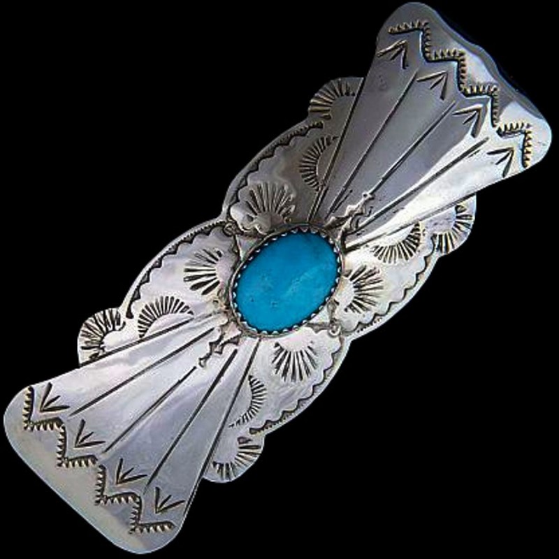 BARETTE NAVAJO EN ARGENT ET TURQUOISE