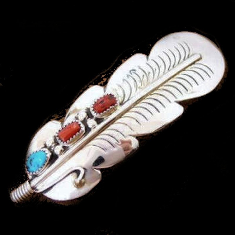 BARETTE NAVAJO PLUME EN ARGENT TURQUOISE ET CORAIL