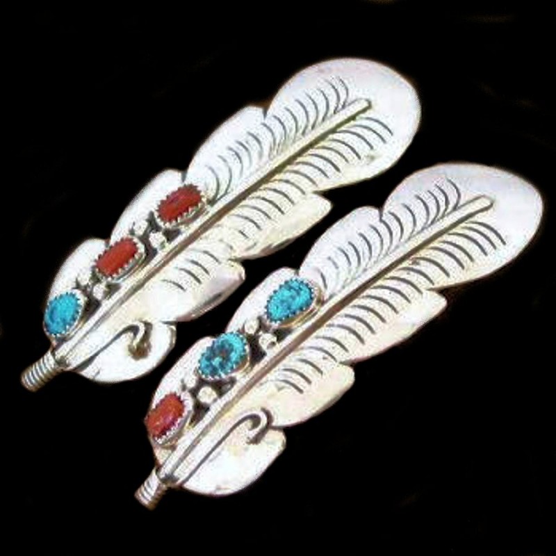 BARETTE NAVAJO PLUME EN ARGENT TURQUOISE ET CORAIL