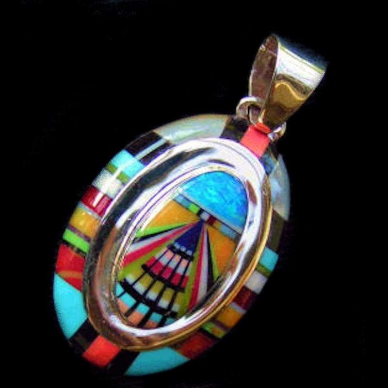 PENDENTIF OVALE MULTICOLORE ET OPALE ZUNI