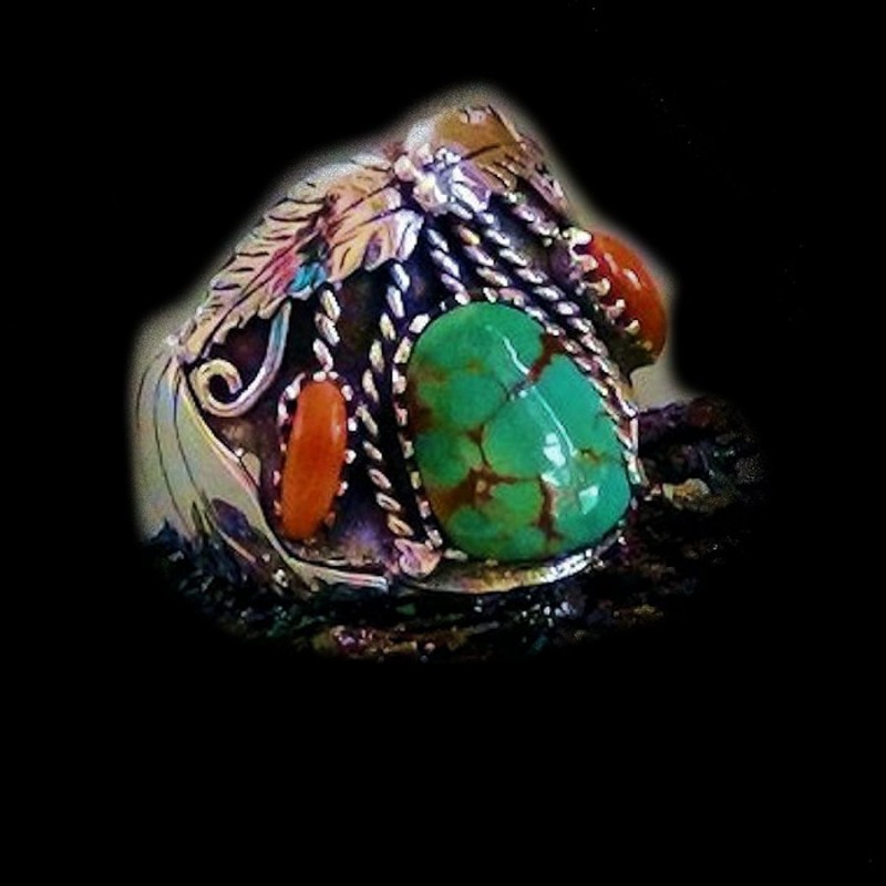 BAGUE NAVAJO TURQUOISE ET CORAIL