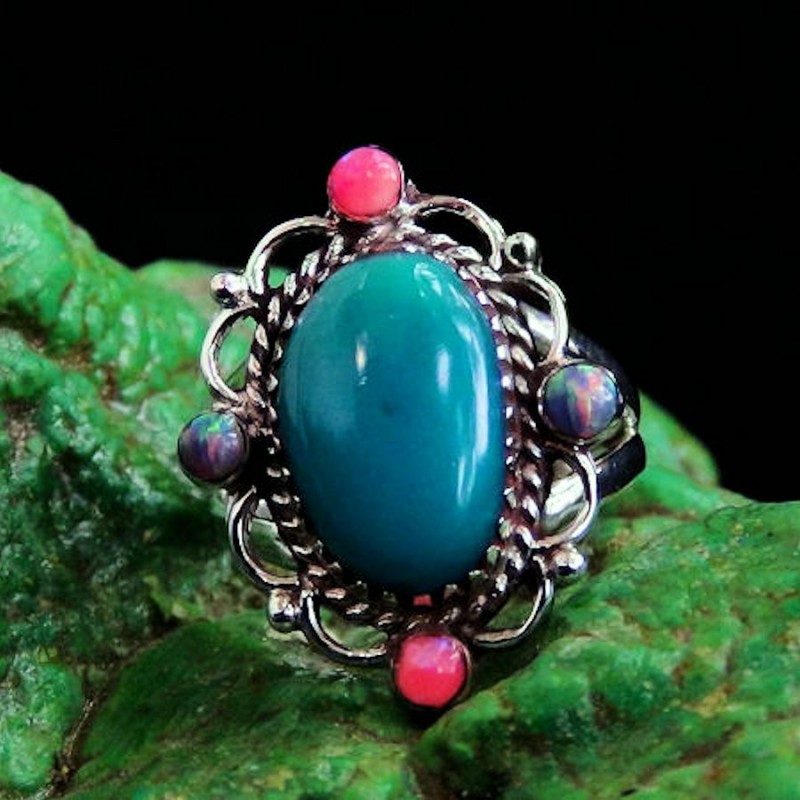 TURQUOISE AND OPAL SILVER RING SIZE 7