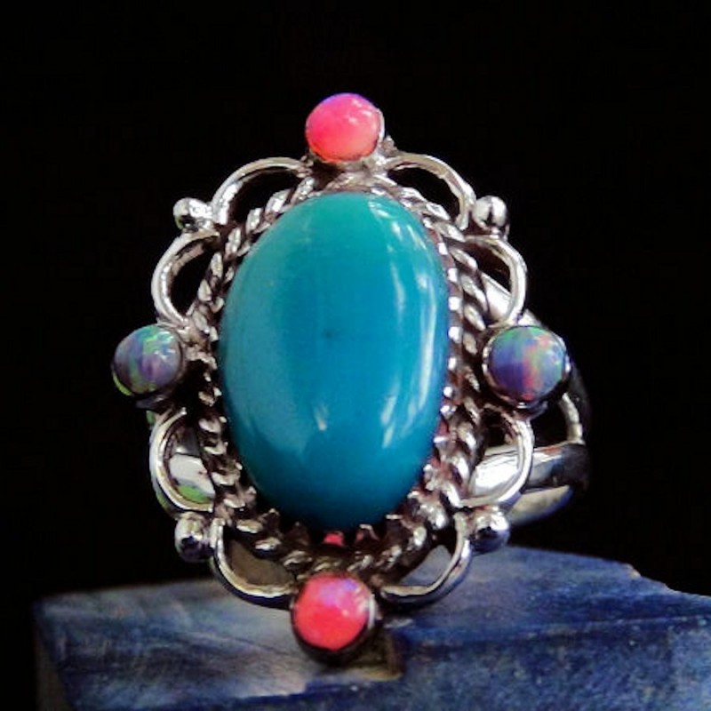 SILBER RING MIT TÜRKIS UND OPAL Größe 7