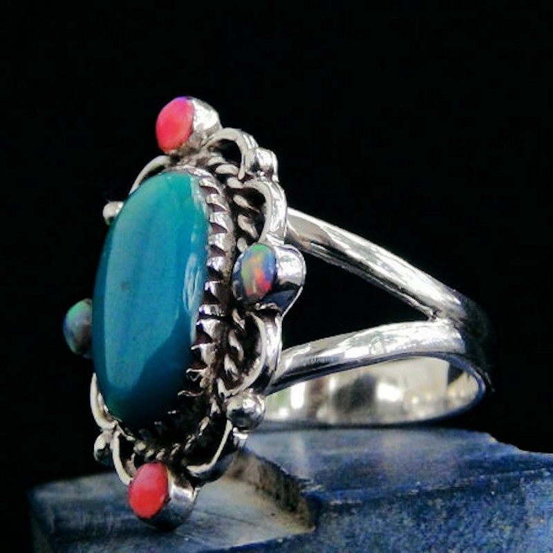 BAGUE ARGENT TURQUOISE ET OPALES TAILLE 7