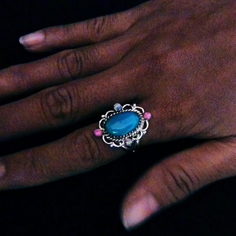TURQUOISE AND OPAL SILVER RING SIZE 7