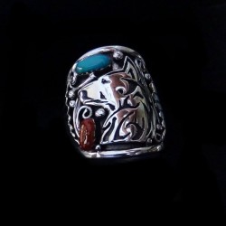 STERLING SILVER WOLF RING WITH STONES