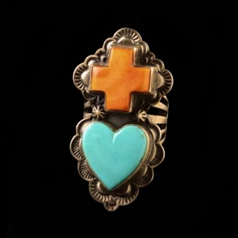SPINY OYSTER CROSS TURQUOISE HEART NAVAJO RING