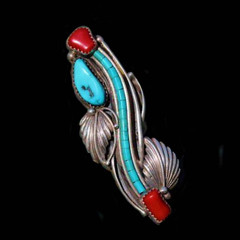 BAGUE SERPENT NAVAJO ARGENT TURQUOISE ET CORAIL
