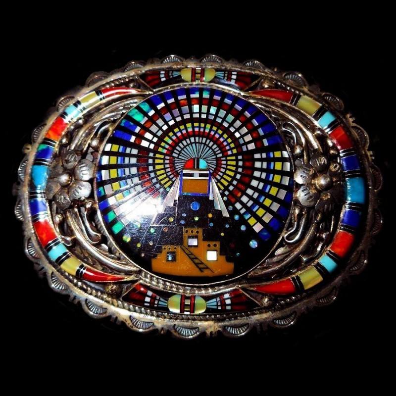 BOUCLE DE CEINTURE ZUNI EN ARGENT KASHINA PUEBLO