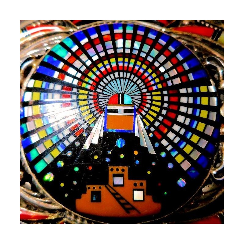 BOUCLE DE CEINTURE ZUNI EN ARGENT KASHINA PUEBLO