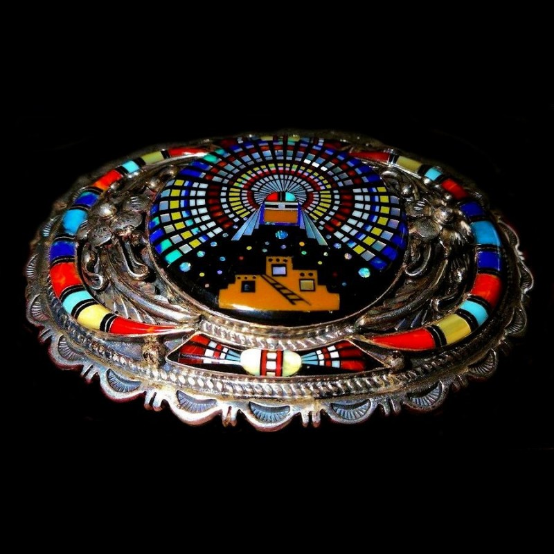 BOUCLE DE CEINTURE ZUNI EN ARGENT KASHINA PUEBLO