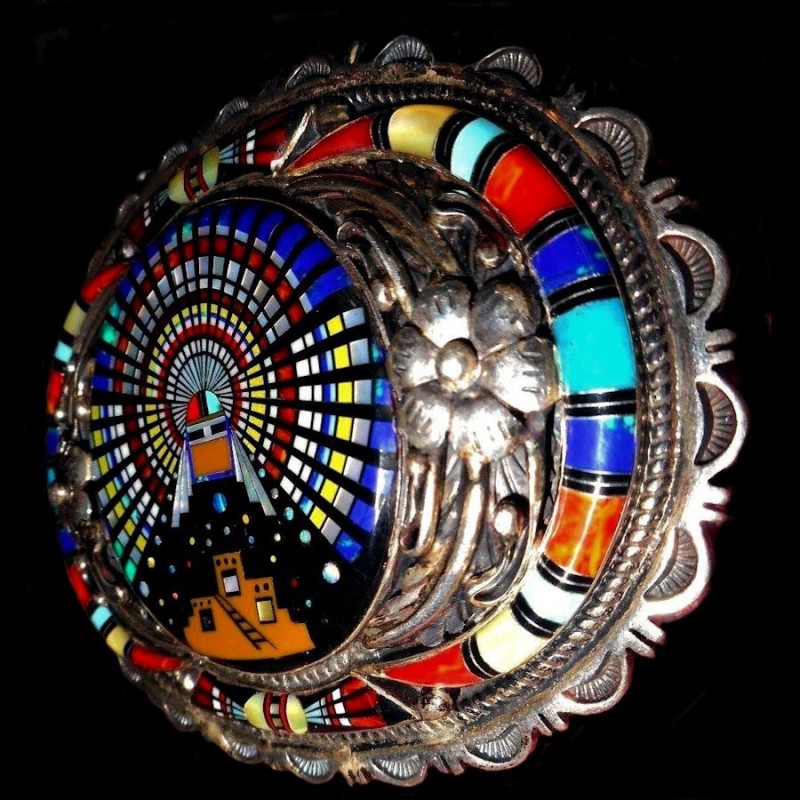 BOUCLE DE CEINTURE ZUNI EN ARGENT KASHINA PUEBLO