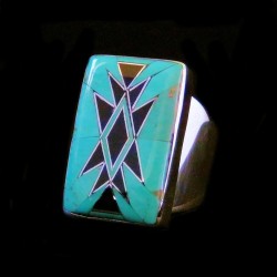 Bague Navajo Argent Rectangulaire Turquoise & Onyx