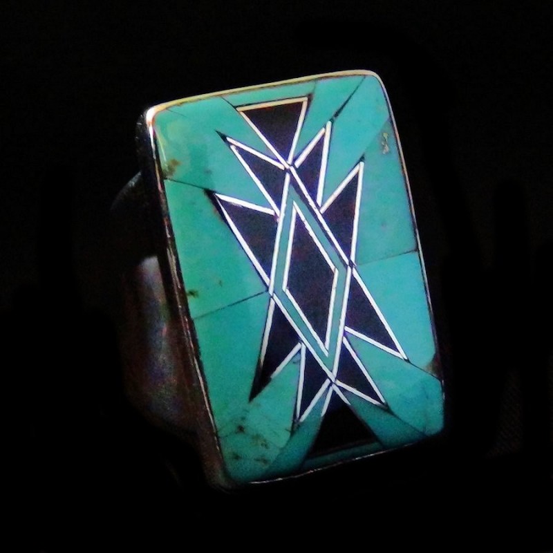 BAGUE NAVAJO ARGENT ET TURQUOISE RECTANGULAIRE