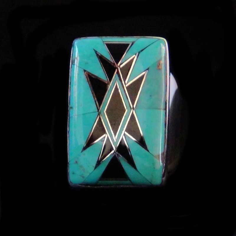 BAGUE NAVAJO ARGENT ET TURQUOISE RECTANGULAIRE