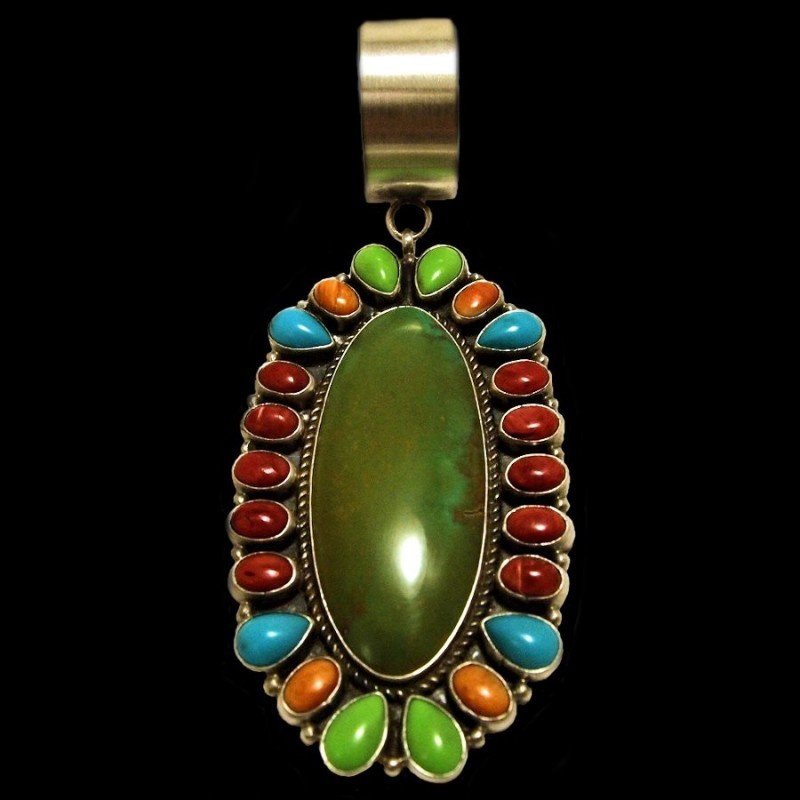 TURQUOISE AND CABOCHONS OVAL NAVAJO STERLING PENDANT