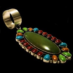 TURQUOISE AND CABOCHONS OVAL NAVAJO STERLING PENDANT