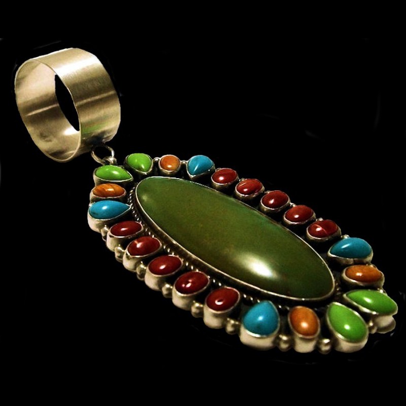 TURQUOISE AND CABOCHONS OVAL NAVAJO STERLING PENDANT