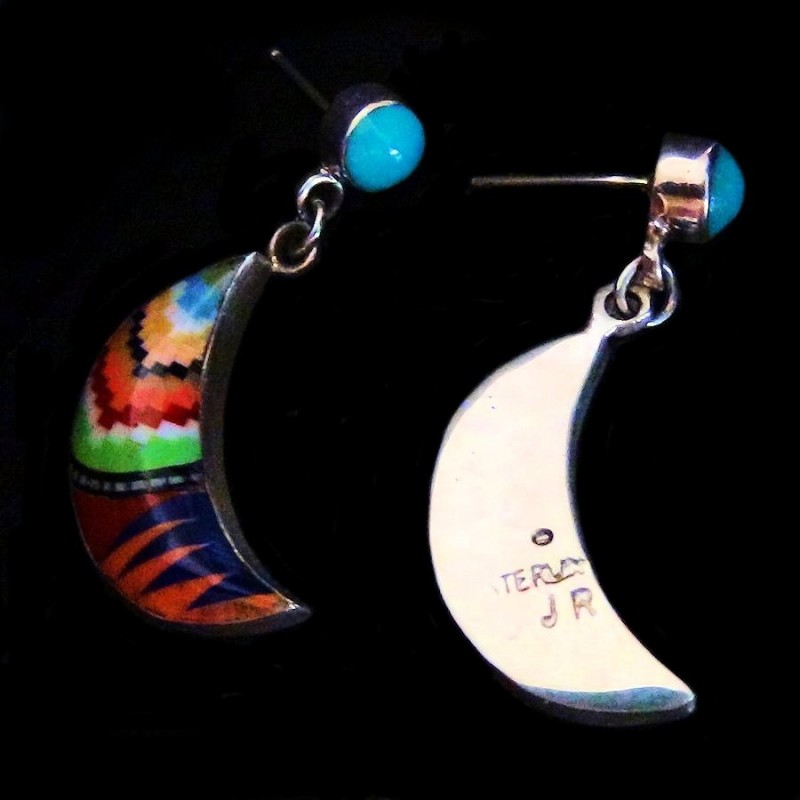 CRESCENT MOON ZUNI INLAY SILVER EARRINGS