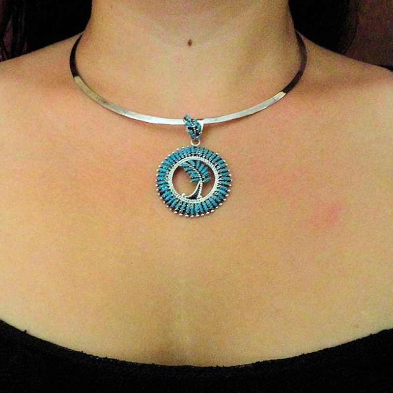 TURQUOISE PETITPOINT FEATHER STERLING SILVER PENDANT