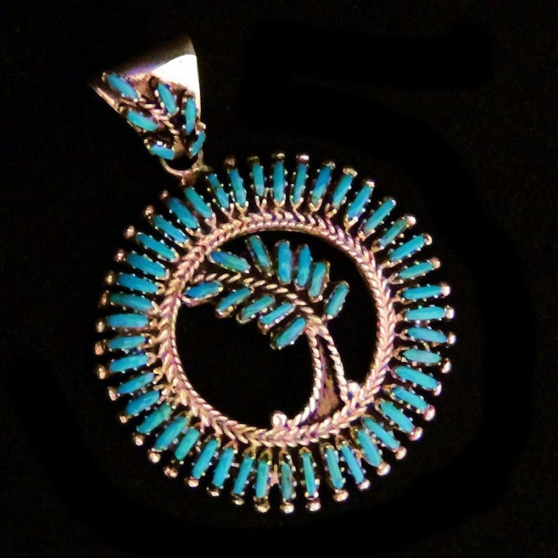 PENDENTIF PLUME ARGENT ET TURQUOISE PETITPOINT 
