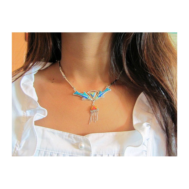 COLLIER DAUPHIN ARGENT ET OPALE