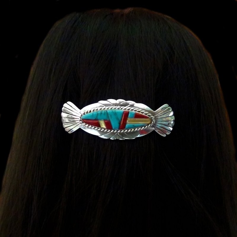 BARETTE CORN ROW EN ARGENT TURQUOISE ET CORAIL
