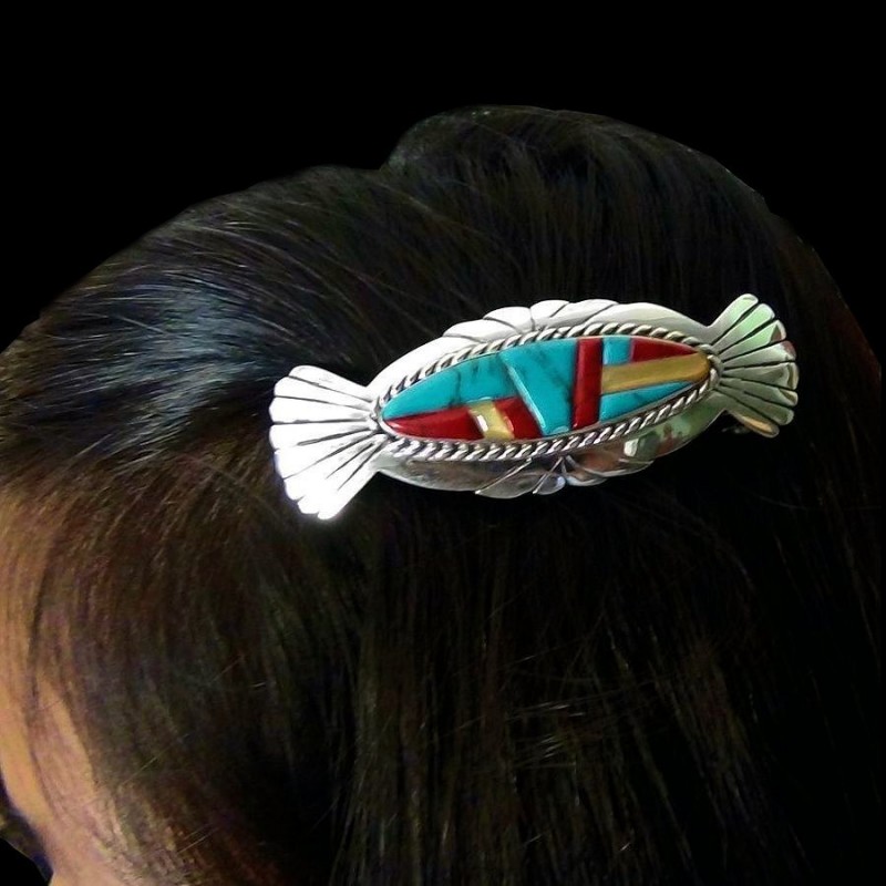 BARETTE CORN ROW EN ARGENT TURQUOISE ET CORAIL