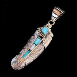 PENDENTIF AMERINDIEN PLUME EN ARGENT SERTI DE TURQUOISE