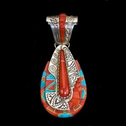 TURQUOISE AND RED CORAL TEARDROP STERLING SILVER PENDANT