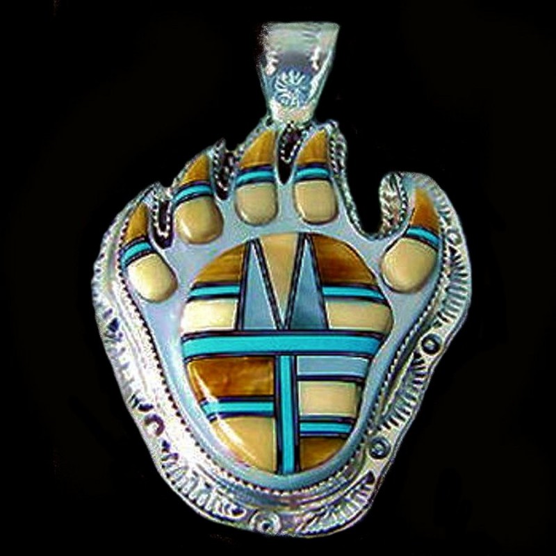 Pendentif Amerindien Patte d'Ours en Argent Turquoise Spondylus Opale