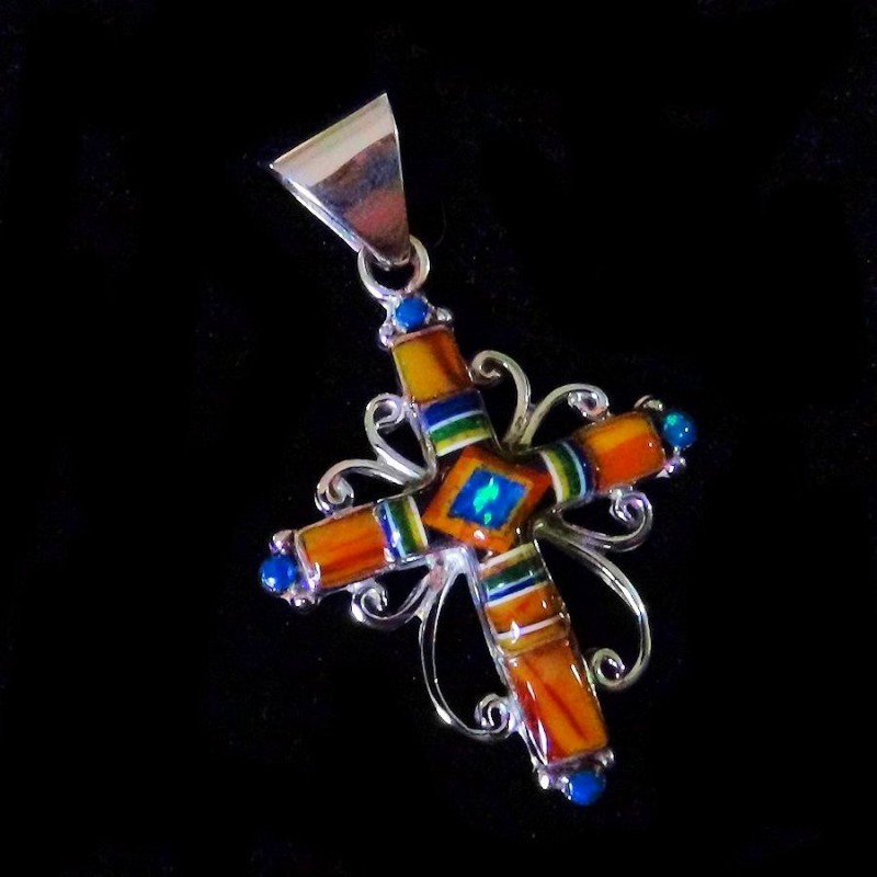 Bijou Amerindien Pendentif Croix Zuni Argent et Mosaïque de pierres