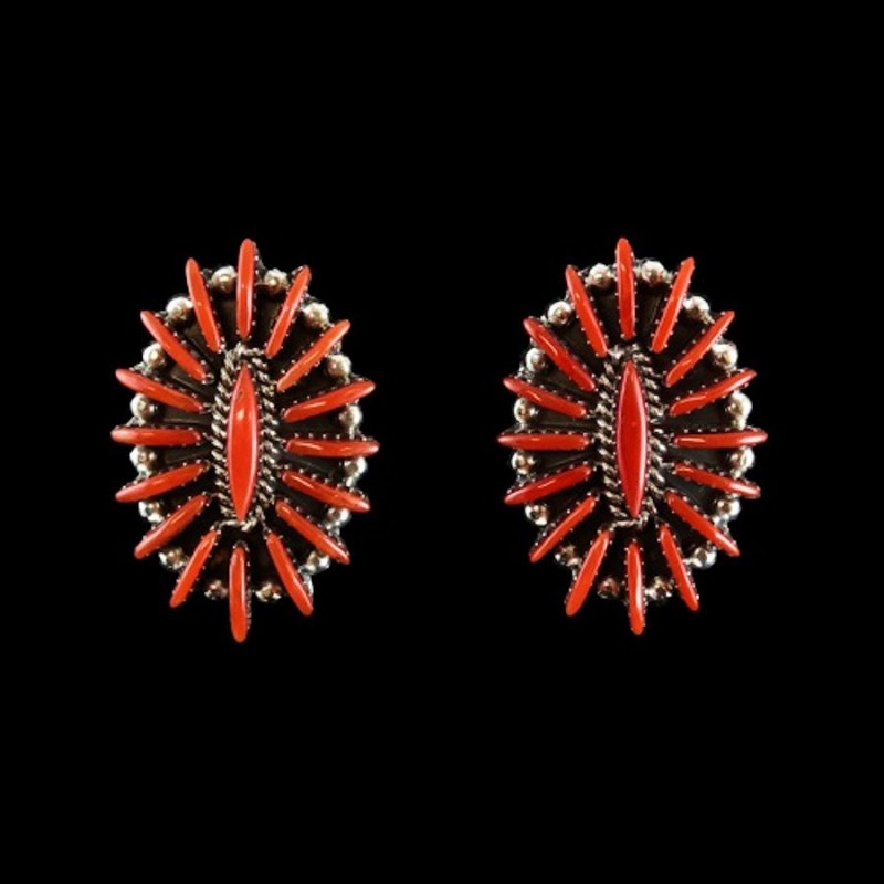 Boucles d'Oreilles Amerindiennes Ovales Zuni Needlepoint