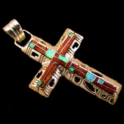 Indianer Silber Anhänger Zuni Kreuz mit Coral und Türkis