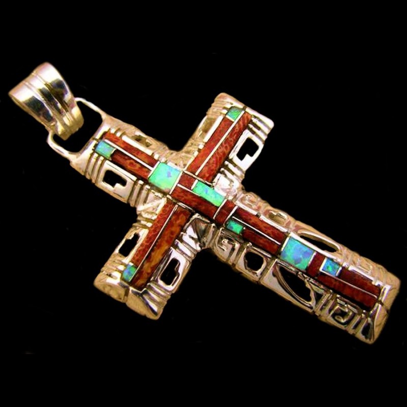 Indianer Silber Anhänger Zuni Kreuz mit Coral und Türkis
