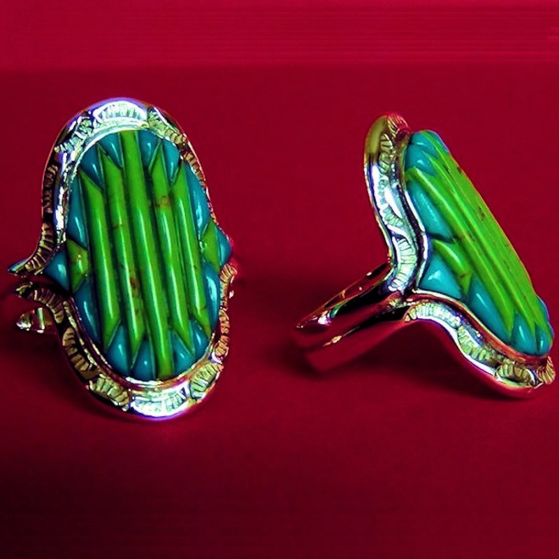 Bague Argent Motif Navajo Corn Row Turquoise Gaspeite