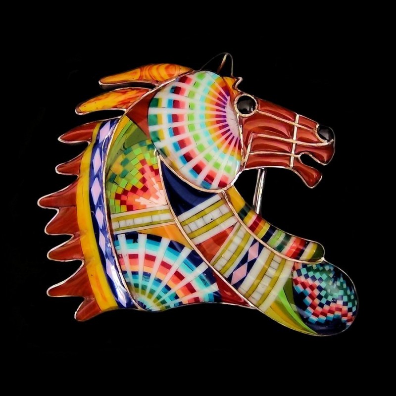 ZUNI SPINY OYSTER SHELL HORSE HEAD SILVER BELT BUCKLE