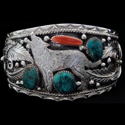 Bracelet Loup Hurlant Debout en Argent 925 avec Turquoise et Corail
