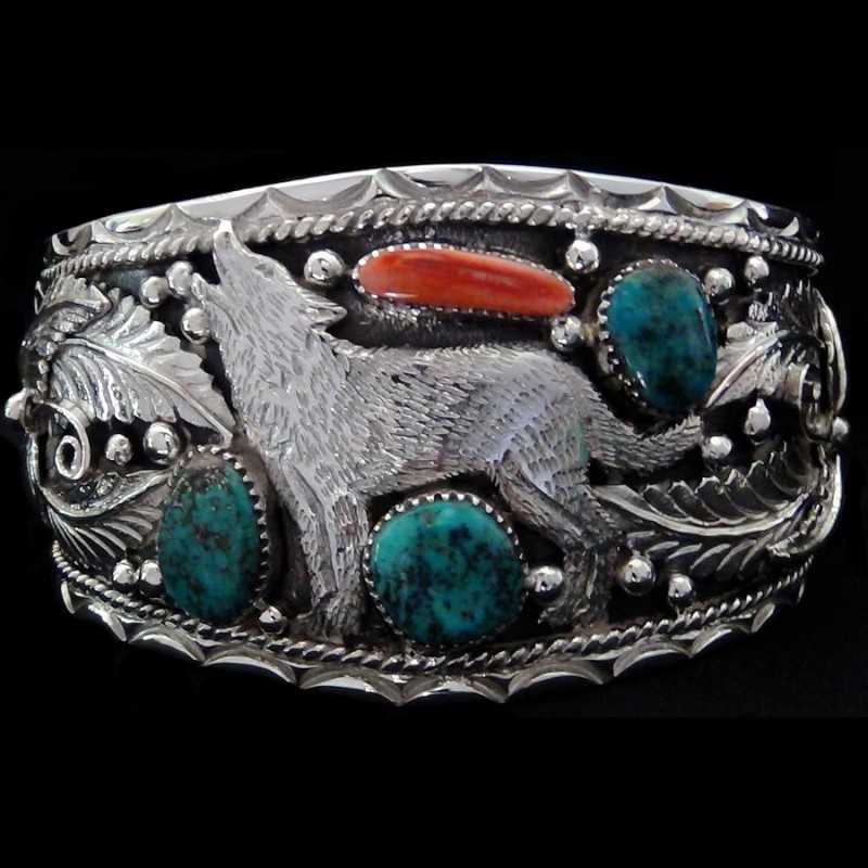 Bracelet Loup Hurlant Debout en Argent 925 avec Turquoise et Corail