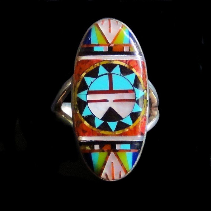 Bague Amerindienne Dieu Soleil Zuni en Argent 925 et Pierres Semi Précieuses