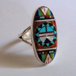 Bague Amerindienne Dieu Soleil Zuni en Argent 925 et Pierres Semi Précieuses