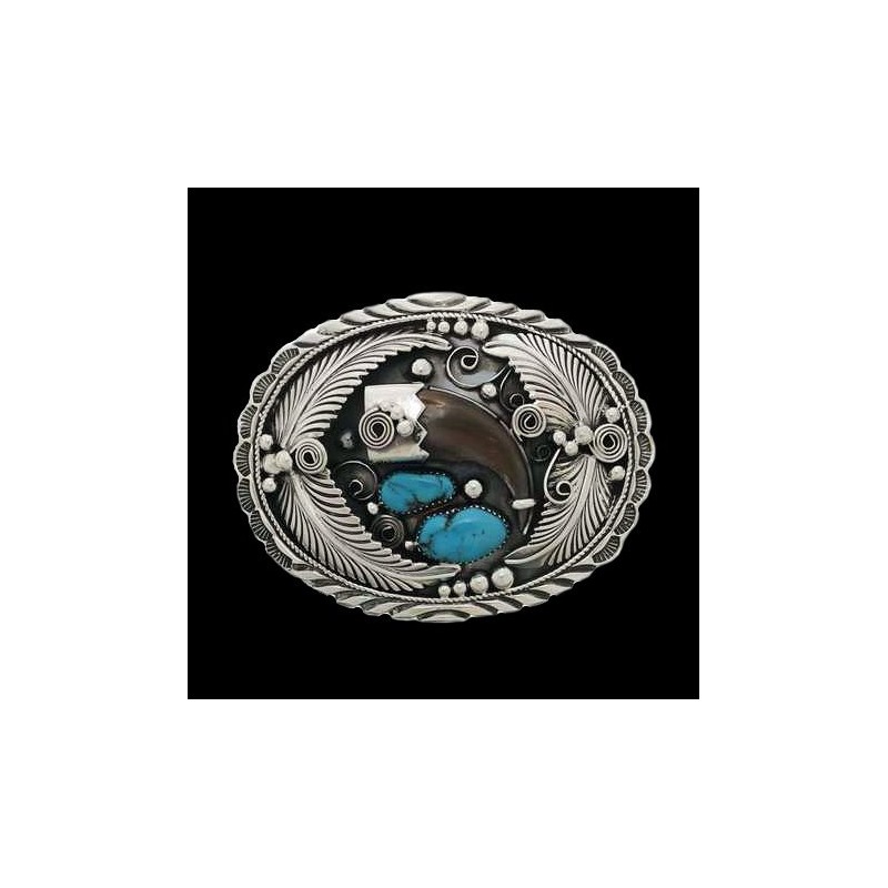 Boucle de ceinture Navajo Griffe d'Ours Plumes et Turquoises en Argent 925