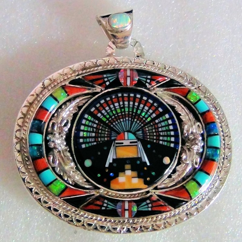 Pendentif Amerindien Zuni en Argent 925 Kashina Dieu Soleil Réversible