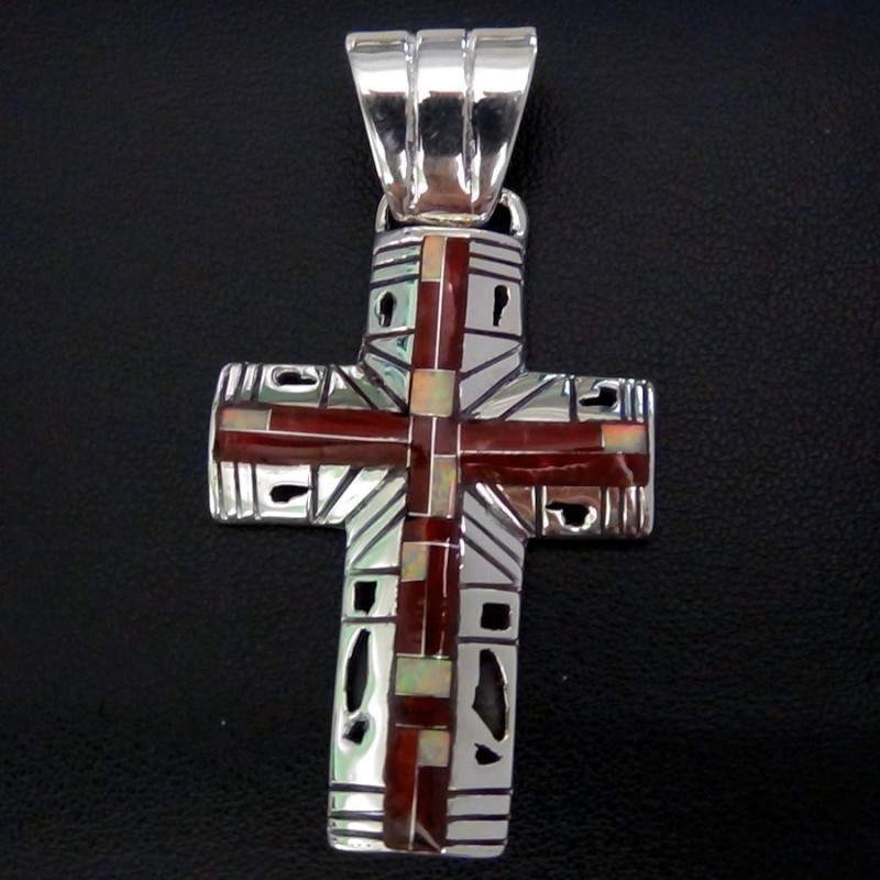 Indianer Silber Anhänger Zuni Kreuz mit Coral und Türkis