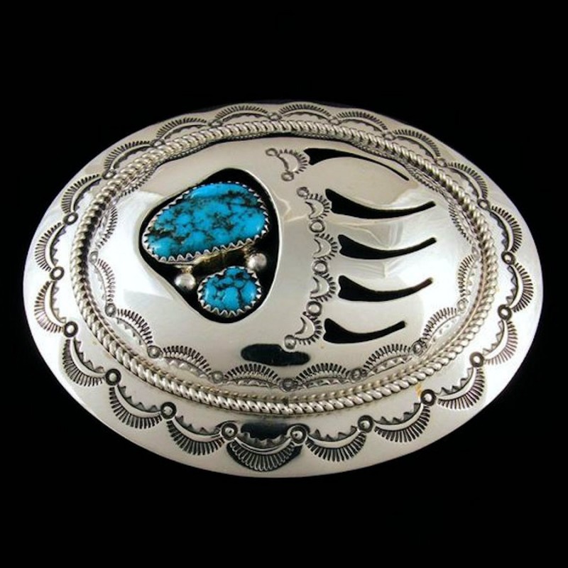 Bärentatze Gürtelschnalle Silber 925 mit 2 Türkisen 