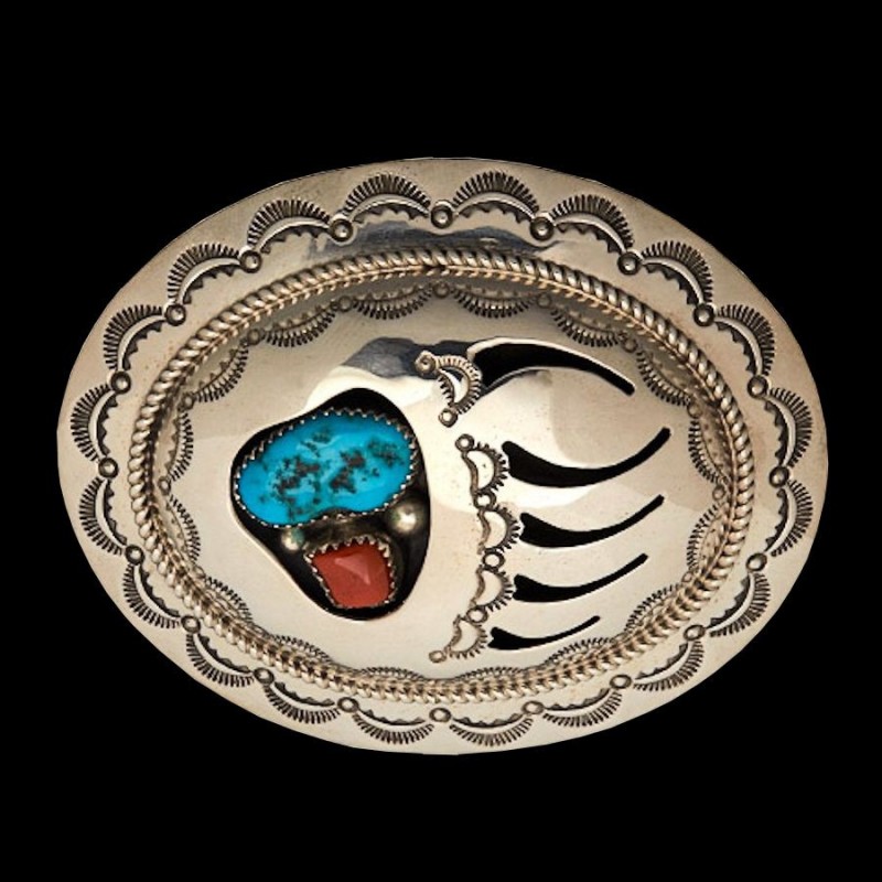 Boucle de Ceinture Patte d'Ours en Argent Corail et Turquoise