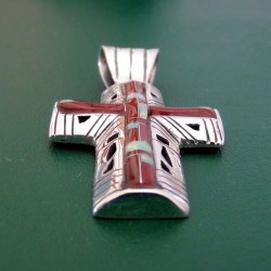 Coral and Opal Zuni Cross Sterlingsilver Pendant