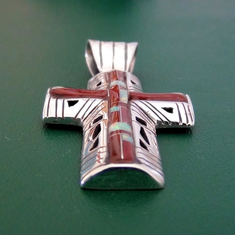 Pendentif Amerindien Croix Zuni en Argent 925 Turquoise et Corail